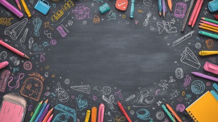 Playful school background with green chalkboard, hand-drawn education doodles, colorful stationery supplies, learning concept, and back to school theme