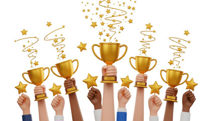 gold holding victory and cup success prize victory. Diverse hands celebrating trophies