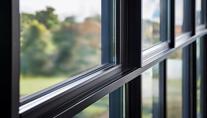 a close up of a black aluminum window frame with double glazed glass showing the sharp precise lines of modern architecture