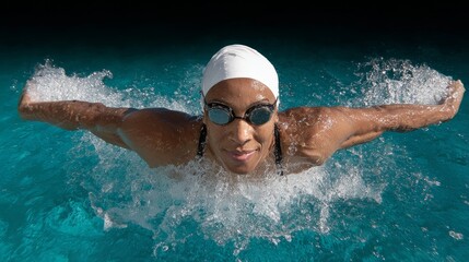 Female swimmer in white cap and goggles, performing a powerful butterfly stroke in clear blue water, showcasing athleticism and determination in a competitive swimming environment