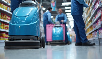 Professional cleaning crew maintaining hygiene in a retail store with floor scrubbers.