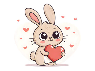 Cute cartoon bunny holding a red heart with hearts in the background