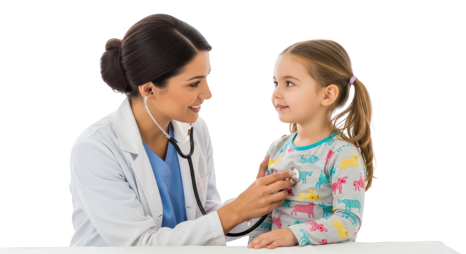 Girl child Examines Patient. girl physician Young doctor Happy Doctor Friendly pediatrician Patient