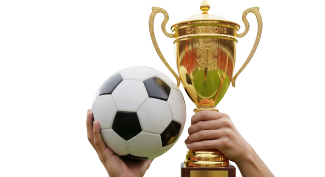 champions trophy Golden winner award a and held winner. prize cup soccer ball by