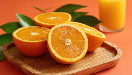 Fototapeta premium Fresh orange slices on a wooden tray, with a glass of juice in the background