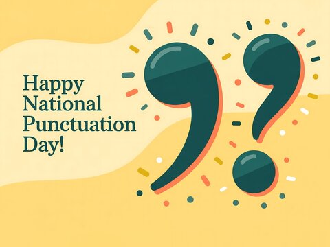 Celebrate national punctuation day with a fun graphic featuring a comma and question mark surrounded by confetti