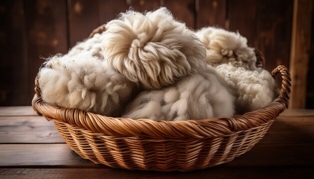 freshly sheared sheep wool piled in a basket on a wooden table raw and unprocessed with visible lanolin and natural curls organic texture of the fleece