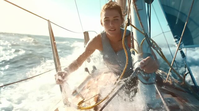A woman sails on a sailboat in the midst of a tumultuous sea, with the sun casting a warm, golden hue over the scene. The boats wooden deck is splashed with water.