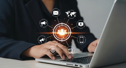 Digital Marketing Strategy Success Person Working on Laptop with Social Media Marketing Icons Customer Target Engagement