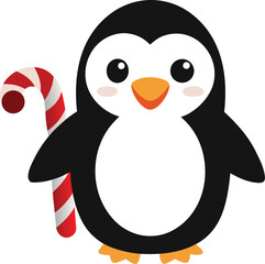 Cute Cartoon Penguin Holding a Candy Cane for Christmas Holiday Season