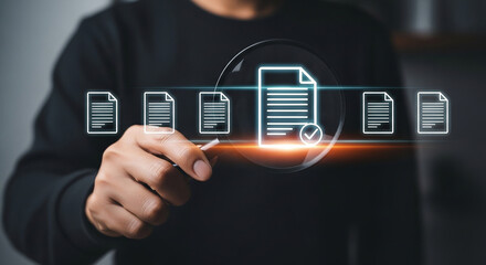 Document Verification Audit Trail Magnifying Glass Inspecting Records and Contract Files for Compliance Review and