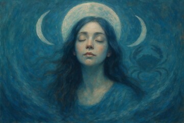 Cancer zodiac sign portrait painting of a gentle woman with dark flowing hair under moonlight symbols and a glowing crab motif mystical astrological feminine representation