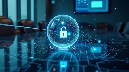 Blue glowing holographic lock sphere in digital meeting room, symbolizing secure networks and corporate data defense, ideal for business promos, IT security visuals and cyber campaigns, 4K, motion. - Powered by Adobe