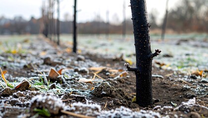 Close-up of a frost-covered tree trunk in a field, showcasing the dark, charred appearance of the stem and the delicate frost on the soil and leaves.