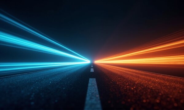 Dynamic night road scene with vibrant blue and orange light trails converging into the distance, emphasizing speed and contrast.