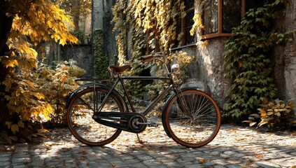 Fototapeta premium Vintage bicycle in an autumn garden setting