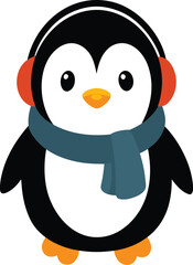 Cute Cartoon Penguin Wearing a Scarf and Earmuffs on a White Background