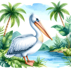 Elegant white pelican near water with long beak and feathers.