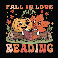 Fall In Love With Reading Autumn Book Lover Illustration