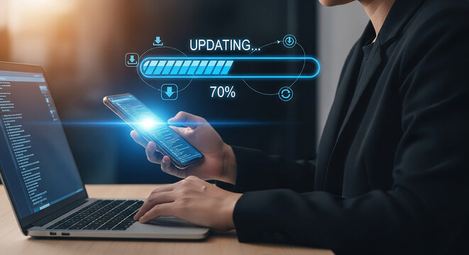 Digital Upgrade Person Updating Phone While Working on Laptop Technology Software Connection Progress Efficiency