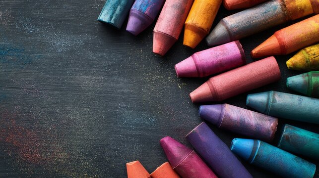 Colorful crayons arranged on blackboard with playful hand-drawn sketches and doodles, creative back to school background for classroom learning, education theme, and artistic art supplies design