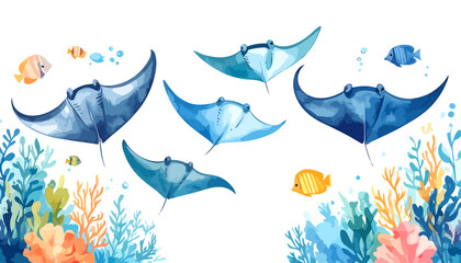 A school of majestic manta rays painted in watercolor style.