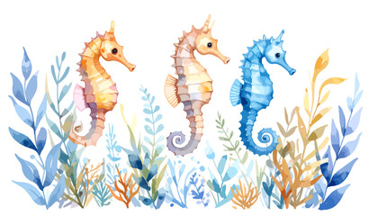 Three Watercolor Seahorses.