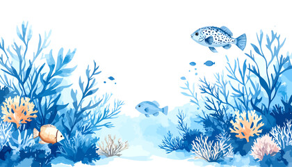 Watercolor painting of an underwater coral reef scene with fish.
