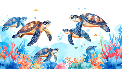 A beautiful watercolor illustration of several sea turtles swimming.