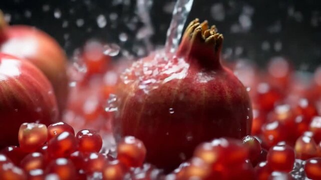 Splashed water pours onto fresh pomegranates. Filmed on a high-speed camera at 1000 fps. High quality FullHD footage