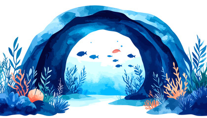 Watercolor Underwater Cave with Fish, Seaweed, and Coral Illustration.
