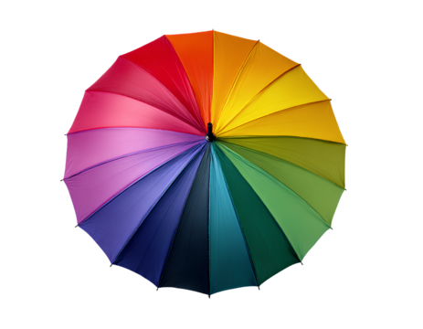 Colorful rainbow umbrella with segmented panels, flat lay, isolated on a transparent background, PNG - Powered by Adobe