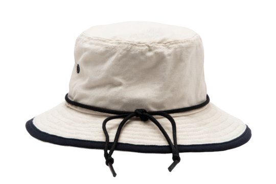 Cream-colored bucket hat with navy trim.  Adjustable drawstring