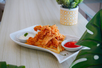 Crispy Fried Chicken with Chili Sauce on Minimal Table Setting
