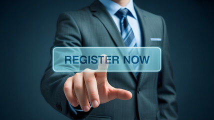 Businessman pressing Register Now button, online registration concept, call to action