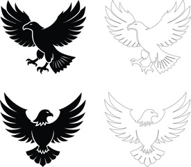 Silhouette of an eagle flying with wings spread wide, flat bold black vector