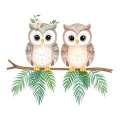 Obraz premium Two cute cartoon owls sitting on a branch with green leaves.