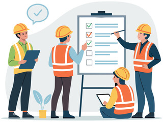 “Construction Workers Safety Training Illustration – Workplace Safety, Engineering Team Meeting, Occupational Health Checklist in Flat Vector Style”