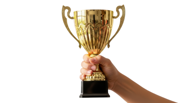 prize award Holding gold Trophy Hand trophy cup Gold Cup. Cup