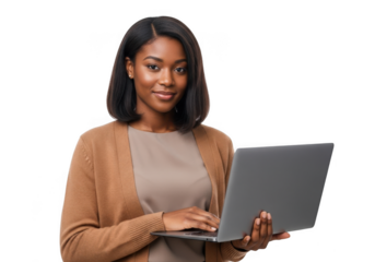 Young black woman smiling confidently while using a laptop computer for work or study transparent background