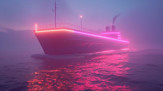 Futuristic AI-driven cargo ship navigating maritime trade routes with neon digital enhancements, advanced logistics AI system analyzes big data optimize global shipping efficiency, smart.