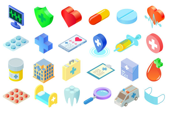 Isometric medical icons vector set. Collection of health care 3D rendered isometrical vector icons isolated on white background