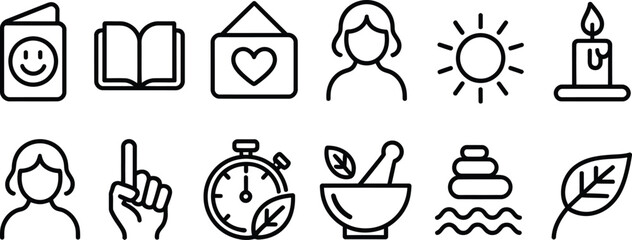 Collection of hand drawn icons representing wellness self care and relaxation activities