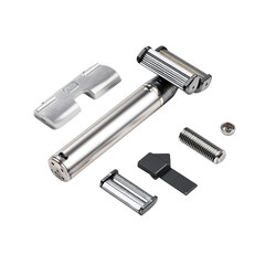 Naklejka premium A disassembled safety razor with various components scattered on a black background close up view