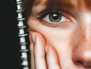 Close-up of teenage girl with fair skin touching cheek with hand, green eye wide open, visible freckles and eyelashes, spiral notebook edge partially shown, dramatic studio lighting effect