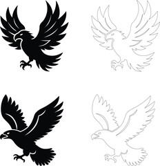 Silhouette of an eagle soaring in side view, flat bold black vector