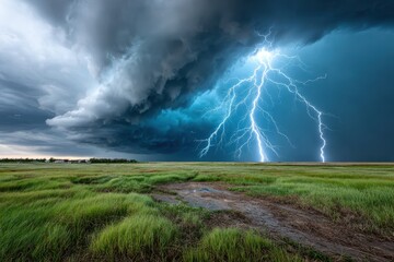 Lightning Strike Over Green Field Under Stormy Sky