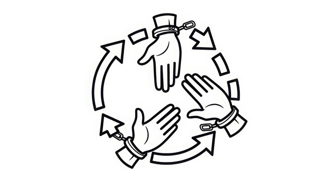 Illustration of three hands with shackles connected by arrows in a circular motion on white background