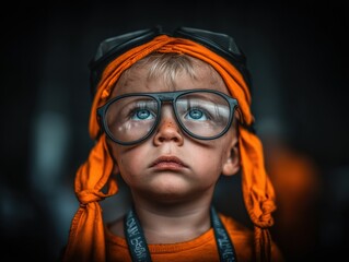 Blond toddler boy with serious expression wearing large goggles and bright orange scarf with vintage style lighting portraying imagination adventure innocence curiosity and childhood wonder