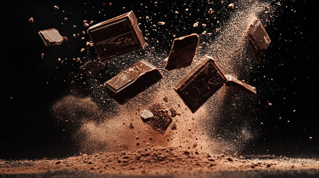 Broken chocolate bar pieces and cocoa powder explosion on black background with dramatic high contrast effect, creating dynamic and rich texture in mid air